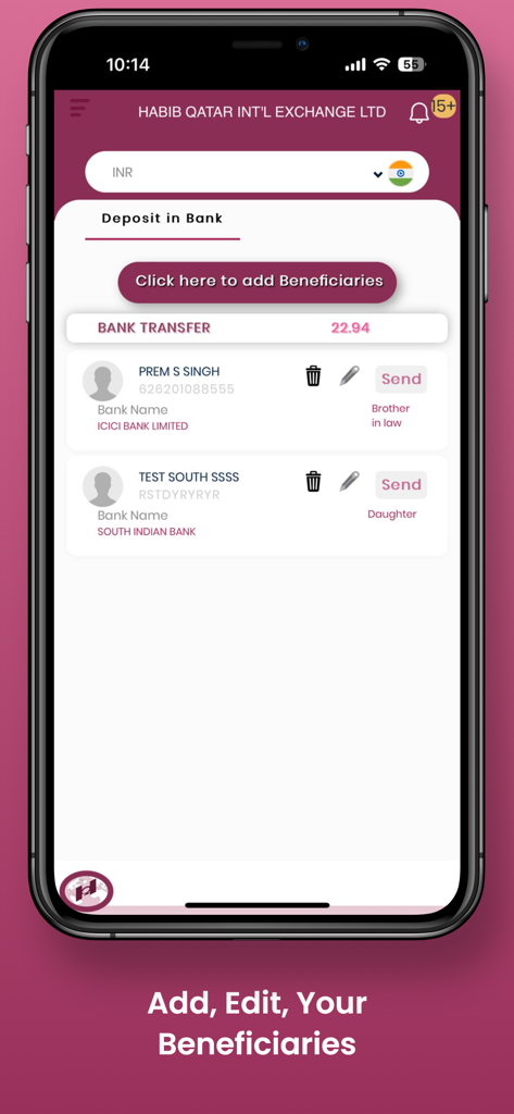 Habib Exchange - Habib Exchange app screen showing a list of beneficiaries for bank transfers with options to add edit and send money