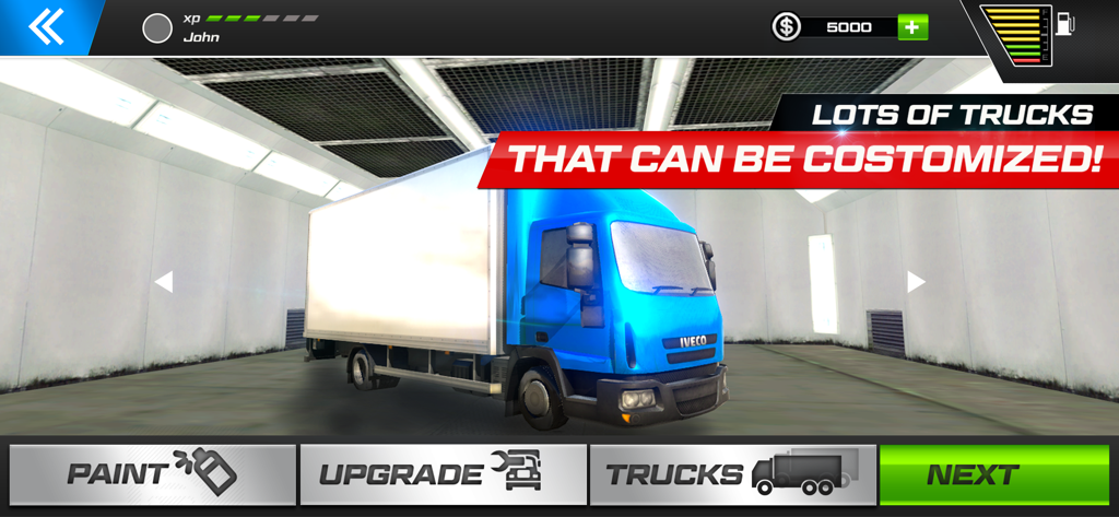 Cargo Dump Truck Driving Pro - Blue cargo truck in a customization garage with paint and upgrade options