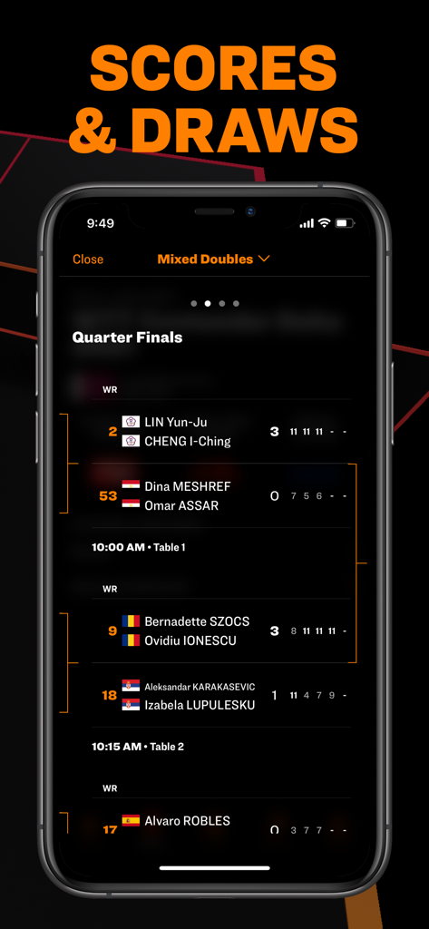 Screenshot dell'app World Table Tennis che mostra i risultati delle partite dei quarti di finale di doppio misto e i tabelloni del torneo.