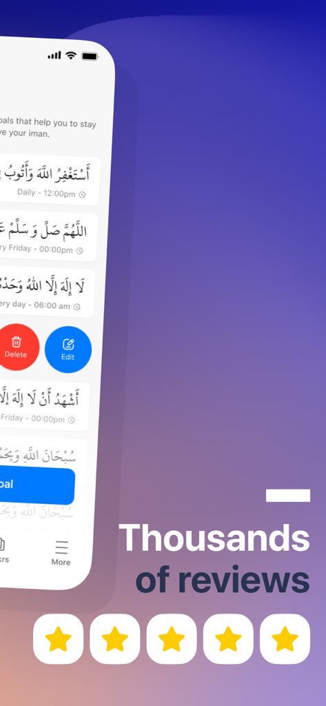 Dhikr App - Dua & Adhkar - A screenshot of the Dhikr App showing scheduled prayers and a five-star rating for social proof.