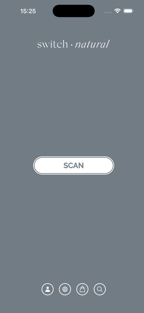 Switch Natural - The home screen of the Switch Natural app showing the logo and a large scan button for checking product ingredients