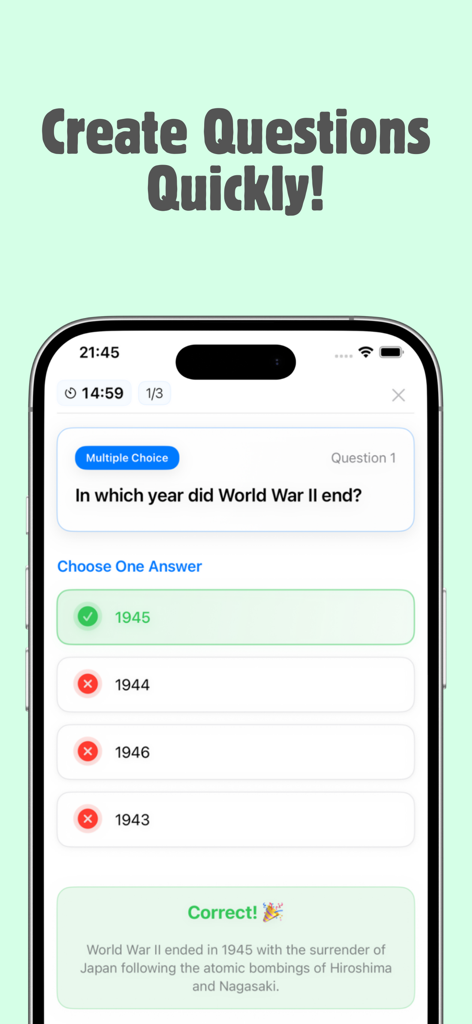AI Quiz Maker - Test Generator - Domanda a scelta multipla sull'interfaccia dell'app Quizy che mostra il feedback della risposta corretta
