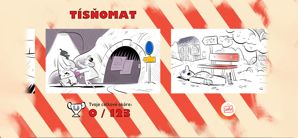 Tisnomat 앱 인터페이스에 강도 및 의료 응급 상황 일러스트가 표시됩니다.