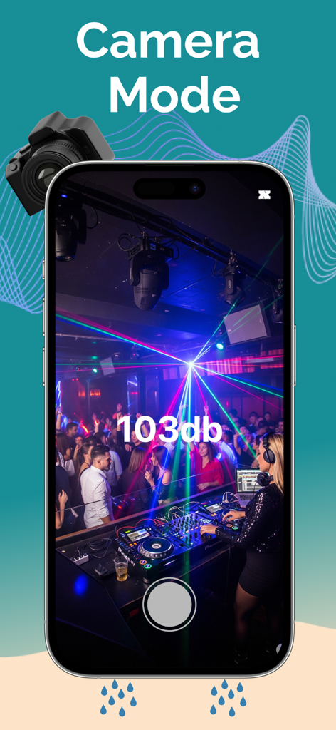 Clear Wave - Remove Water - Smartphone mit der Clear Wave App zur Messung von Lärmpegeln in Dezibel im Kameramodus in einem Nachtclub.