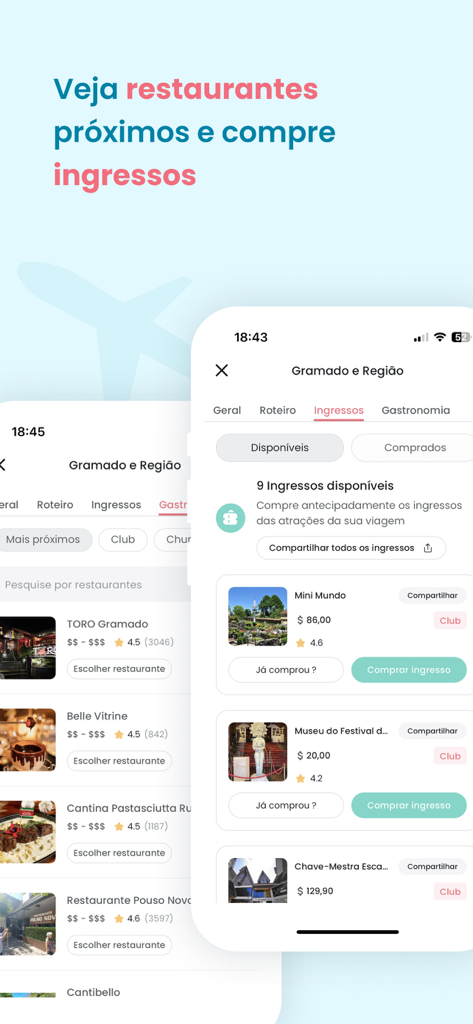 Roterin - Interfaz de la aplicación Roterin que muestra listados de restaurantes y opciones de reserva de entradas a atracciones para viajeros