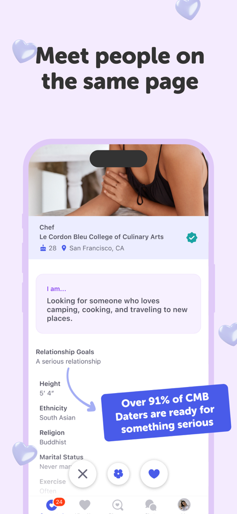 Coffee Meets Bagel: Dating App - Un perfil de usuario detallado en la aplicación de citas Coffee Meets Bagel que muestra antecedentes profesionales y objetivos de relación