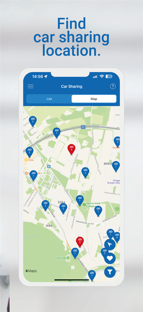 Avant2Go Car Sharing - 도시 지도에 표시된 이용 가능한 카셰어링 위치를 보여주는 Avant2Go 모바일 앱 인터페이스