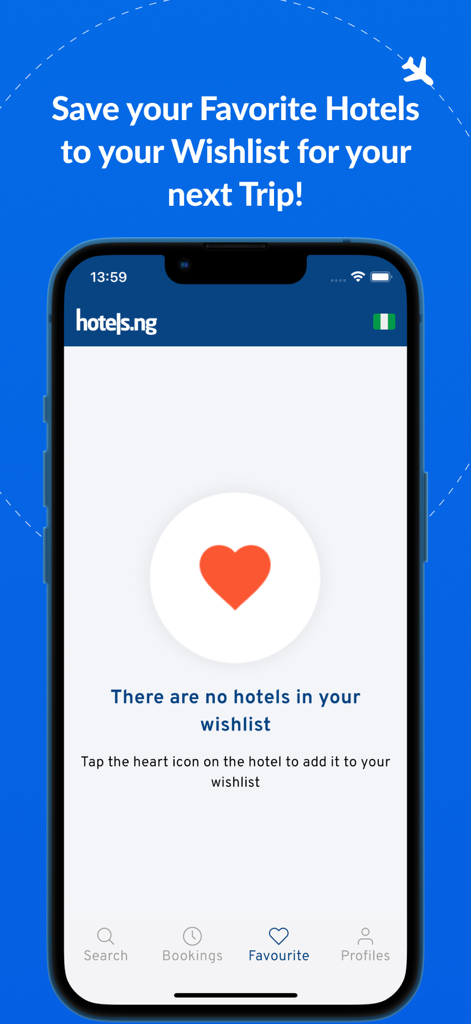 나이지리아 여행을 위한 즐겨찾기 호텔을 저장하는 옵션을 보여주는 Hotels.ng 앱 위시리스트 기능.