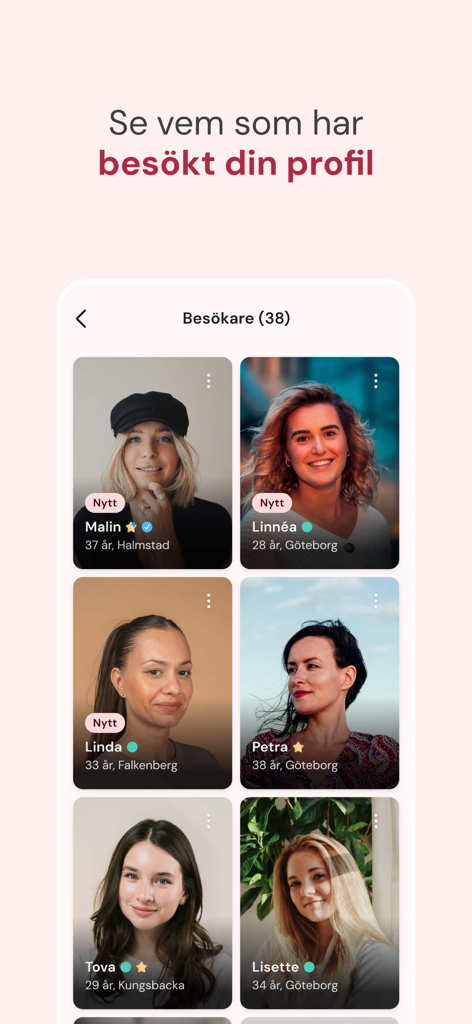 Motesplatsen app interface showing a grid of profile visitors with names and ages