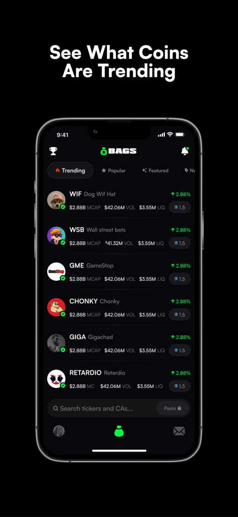 iPhone interface of BAGS app showing a list of trending memecoins with market data