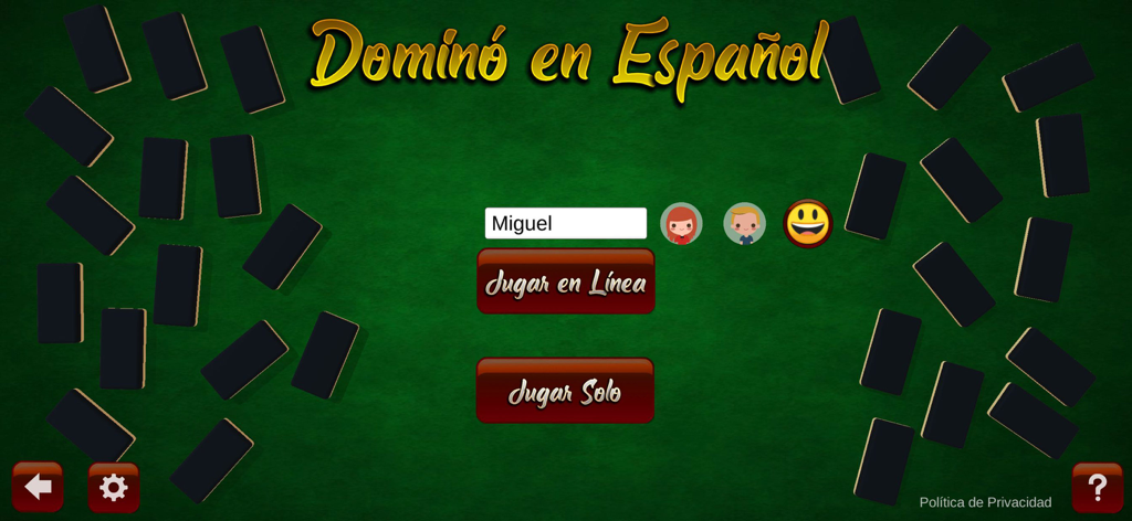 Dominó en Español - Menu principal de l'application Domino en Espanol avec des options pour jouer en ligne et en solo
