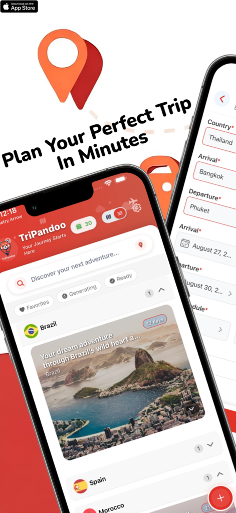 Tripandoo: Smart Trip Planner - Tripandoo App-Bildschirme zeigen Reiseplanung für Brasilien und Thailand mit dem Slogan Planen Sie Ihre perfekte Reise in wenigen Minuten