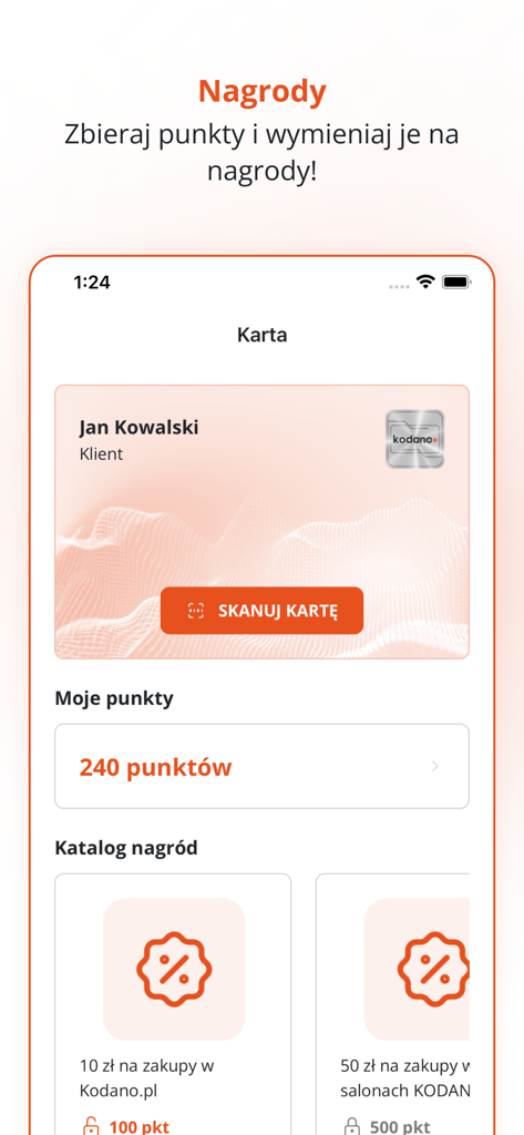 KODANO - KODANO app rewards screen with loyalty card and points catalog
