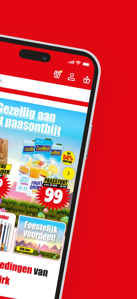 Tela de smartphone mostrando descontos de supermercado e promoções no aplicativo móvel Dirk Supermarkt