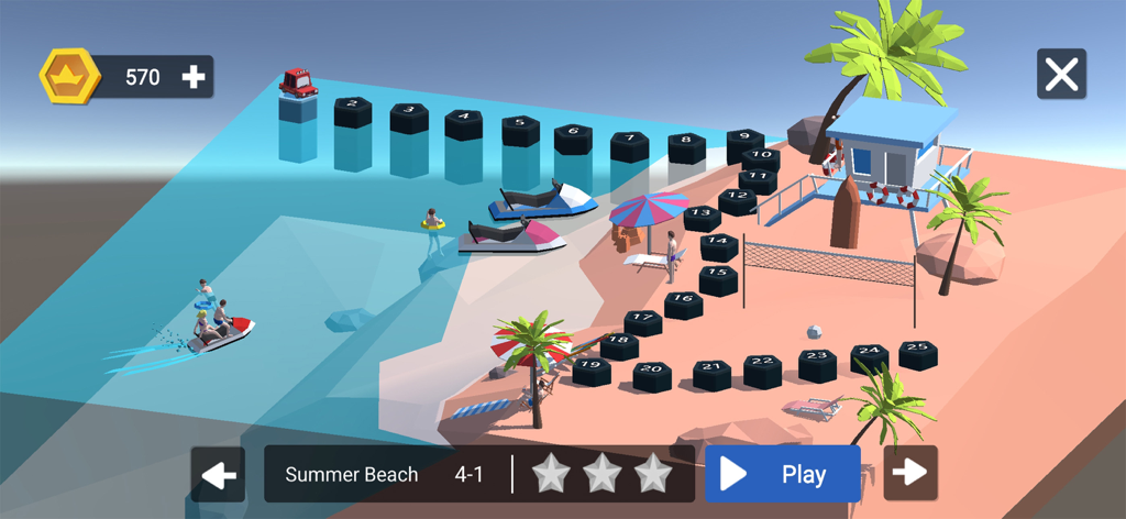 Build Bridge : Craft Builder - Build Bridge Craft Builder level selection screen featuring a summer beach theme and numbered progression path