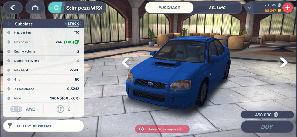 Drag Racing 3D: Streets 2 - Blue Impreza WRX in the car market menu showing technical specifications and purchase price