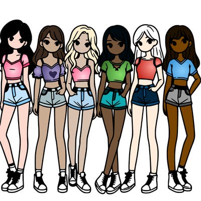 a group of girls wearing crop tops and shorts