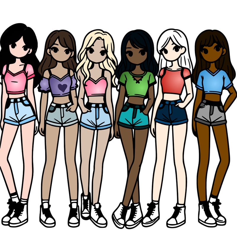 a group of girls wearing crop tops and shorts