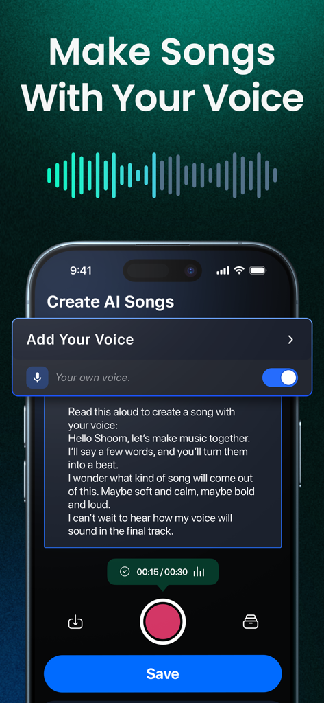 Shoom app interface showing how to record your voice to generate an AI song
