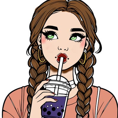 realistic girl with braided hair drinking boba