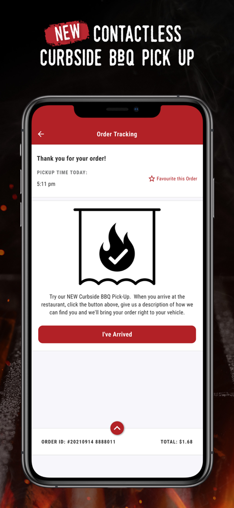 Montanas BBQ & Bar - Tela de acompanhamento de pedido do aplicativo Montanas BBQ and Bar apresentando retirada no carro sem contato e botão 'Eu cheguei'