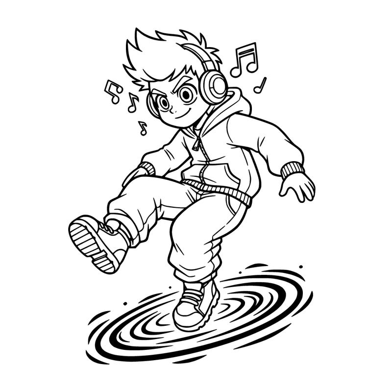 a boy falling from the sky into a portal. the boy is wearing an open zip up hoodie with baggy jeans and sneakers and is also wearing headphones with music notes coming out the headphones.