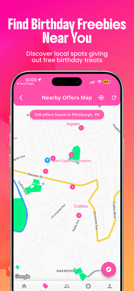 Birthday Hunter: BDay Freebies - A mobile map interface showing local birthday freebies and reward locations in the Birthday Hunter app
