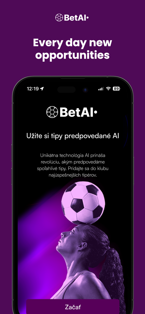 BetAI - BetAI app home screen offering AI powered sports betting predictions with a soccer ball visual