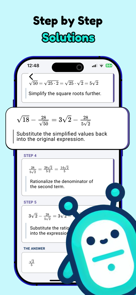 Stimy AI: Math Solver & Tutor - Stimy AI math solver app showing step by step solutions for square root equations