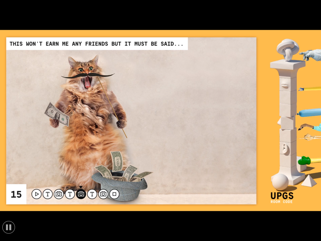 Une diapositive de présentation humoristique du jeu Talking Points dans Jackbox Party Pack 7 présentant un chat moelleux avec une fausse moustache et de l'argent.