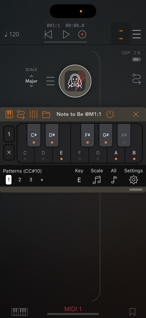 Note to Be - MIDI Quantizer - MIDI keyboard interface in the Note to Be app showing selected notes for quantization