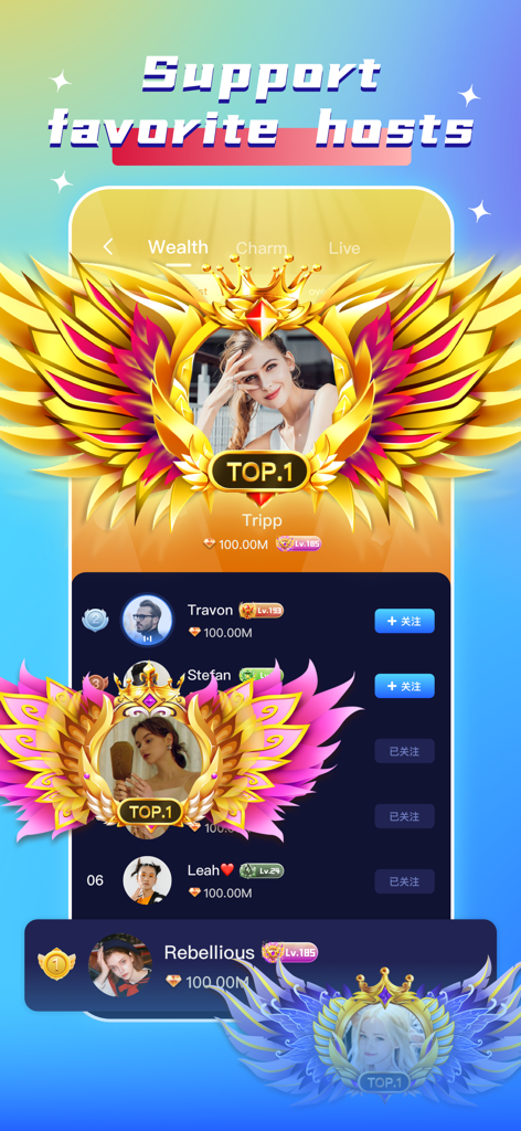 Doli Live Stream & Party - Leaderboard interface in Doli Live app showing top ranked hosts with golden crown and wing status badges