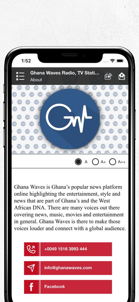 Africa Waves Radio - Africa Waves Radio mobile app about page showing contact information and text size adjustment options
