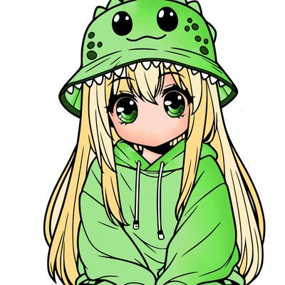 girl with anime shaped eyes with a dinosaur bucket hat oversized sweatshirt long straight hair