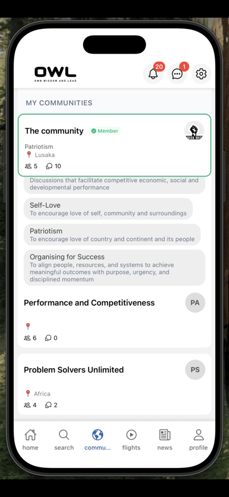 OWL Platform - Interface do aplicativo móvel Plataforma OWL mostrando a seção Minhas Comunidades com vários grupos sociais e profissionais