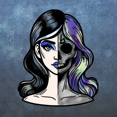 bust of a woman, half face and hair, half skull