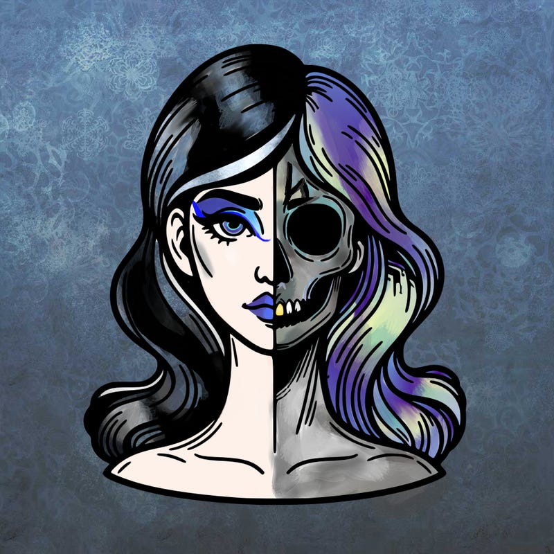 bust of a woman, half face and hair, half skull