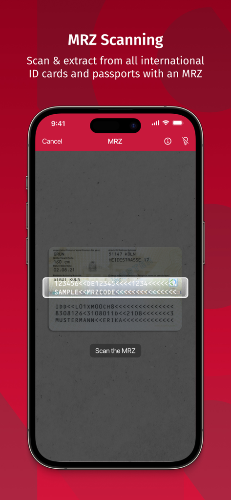 Scanbot SDK app interface for scanning international ID cards and passports with MRZ technology