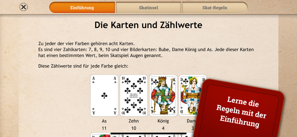 Skat - Pantalla tutorial de la aplicación Skat explicando los valores de puntos de las cartas en alemán.