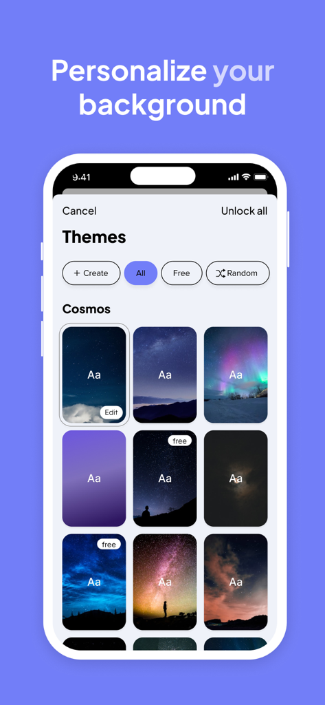 Écran de personnalisation de l'application Facts présentant des options d'arrière-plan sur le thème du cosmos