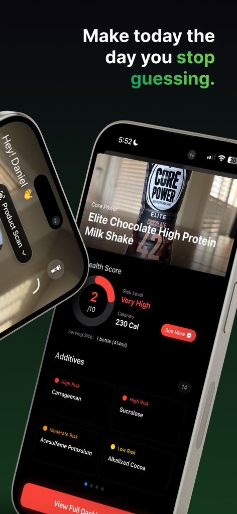 Nutrify AI - Scan Any Product - Nutrify AI mobile app showing a health score and risk analysis of additives in a protein shake.