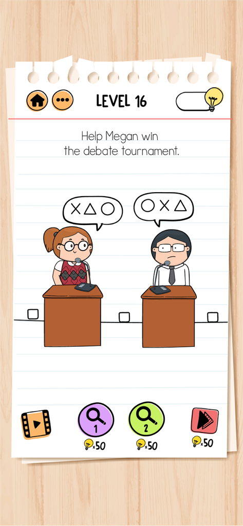 Brain Test 2 Level 16 showing a debate tournament puzzle challenge