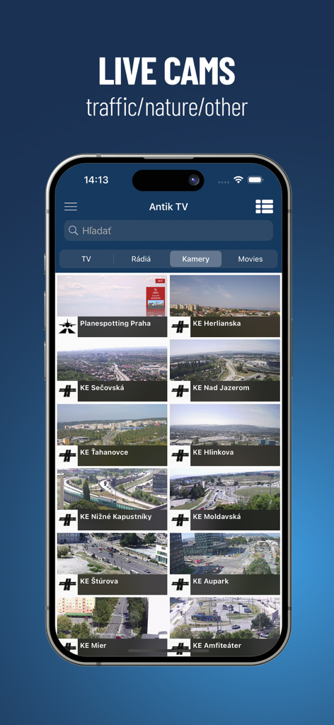 Antik TV - Live traffic and nature cameras in Slovakia and Czechia on the Antik TV app interface.