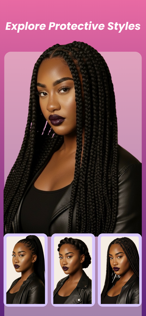 StyleShare: Hair Color Changer - Interfaz de la aplicación StyleShare mostrando peinados protectores generados por IA y trenzas de caja