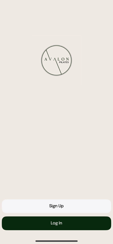 Avalon Pilates - Avalon Pilates app login screen featuring the studio logo and minimalist signup and login buttons