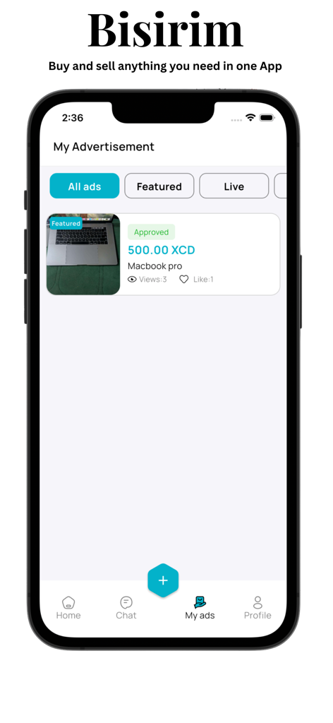 Bisirim - Smartphone screen of Bisirim app showing a user advertisement for a Macbook Pro.