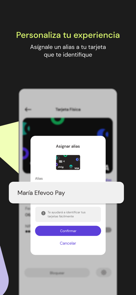 Efevoo Pay - Efevoo Pay app screen showing the feature to assign a personalized alias to a card