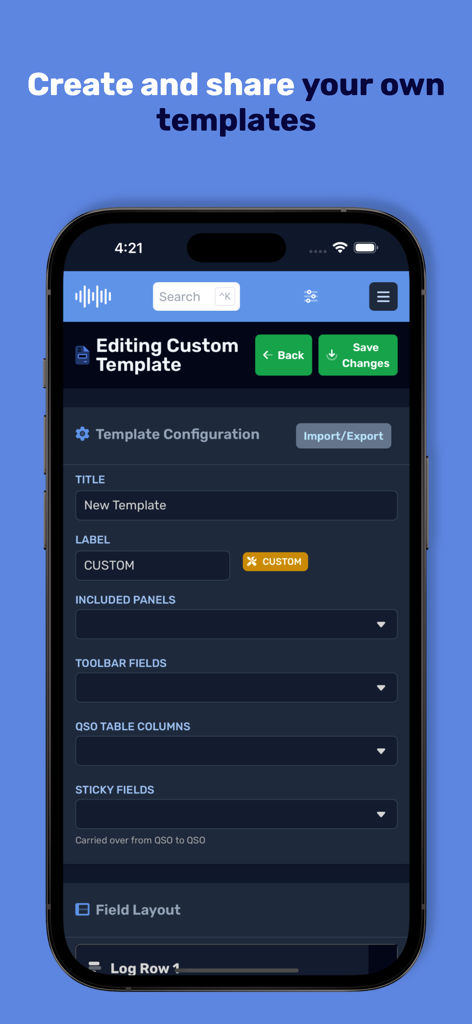 HAMRS Pro - Interface of the HAMRS Pro mobile app for creating and sharing custom amateur radio logging templates.