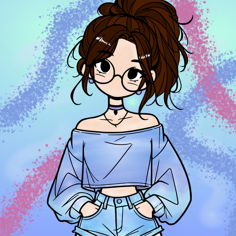 girl with a messy ponytail glasses a baggy crop top and jean shorts