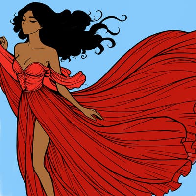 realistic woman in dress flowing the the wind